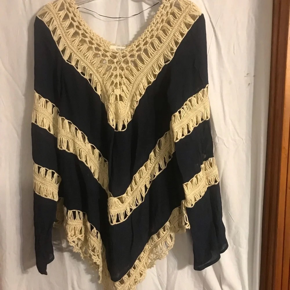 UmGee boho v neck top hollow out coverup. Navy fabric with beige crochet.